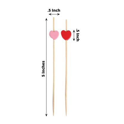 100 - Pack Bamboo Cocktail Sticks Heart Design Eco Friendly Red/Pink - Biodegradable Fruit Appetizer Party Picks 5" - Bell Racket Store