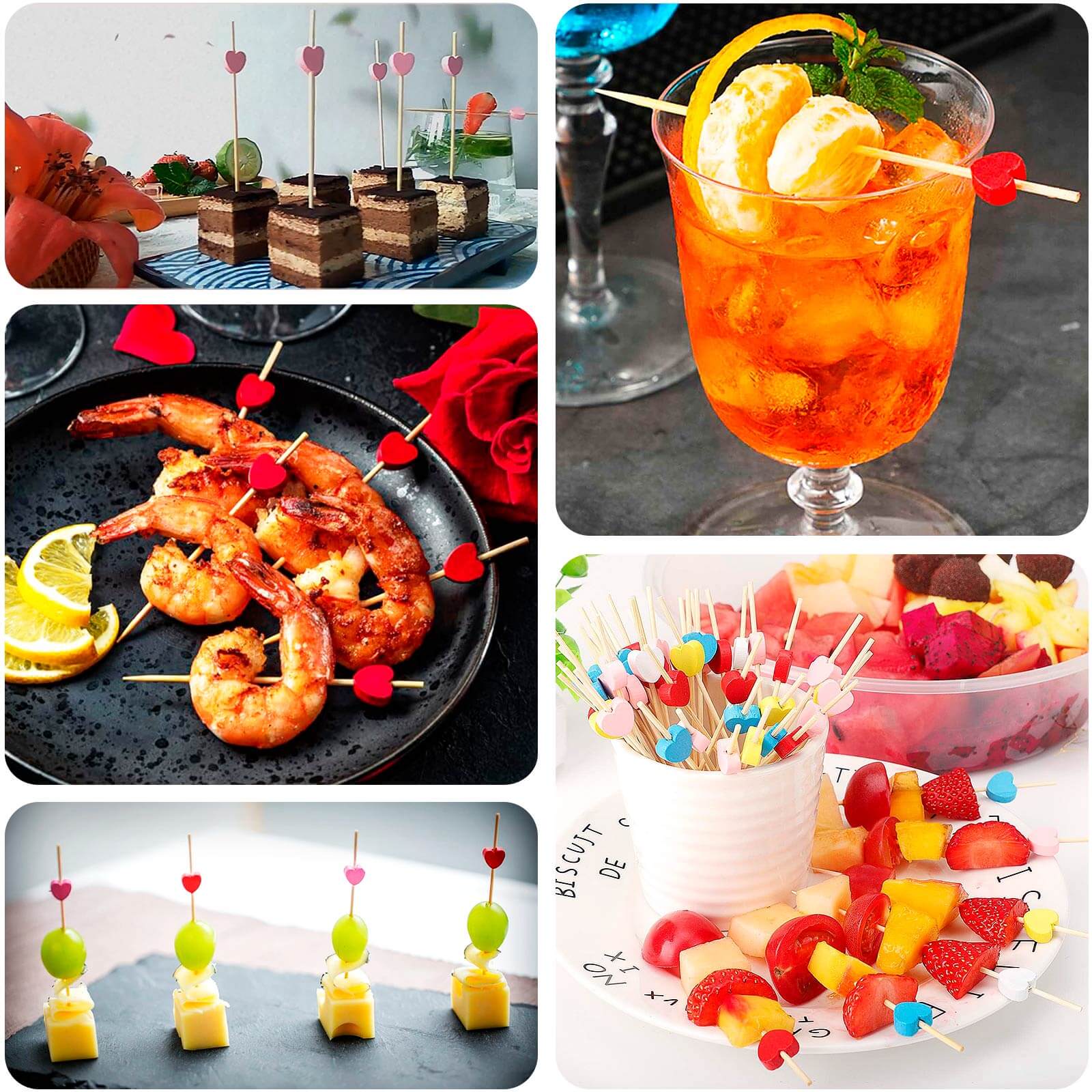 100 - Pack Bamboo Cocktail Sticks Heart Design Eco Friendly Red/Pink - Biodegradable Fruit Appetizer Party Picks 5" - Bell Racket Store