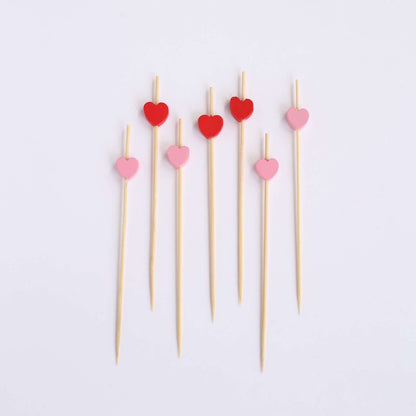 100 - Pack Bamboo Cocktail Sticks Heart Design Eco Friendly Red/Pink - Biodegradable Fruit Appetizer Party Picks 5" - Bell Racket Store