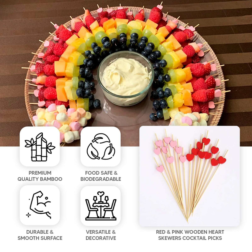 100 - Pack Bamboo Cocktail Sticks Heart Design Eco Friendly Red/Pink - Biodegradable Fruit Appetizer Party Picks 5" - Bell Racket Store