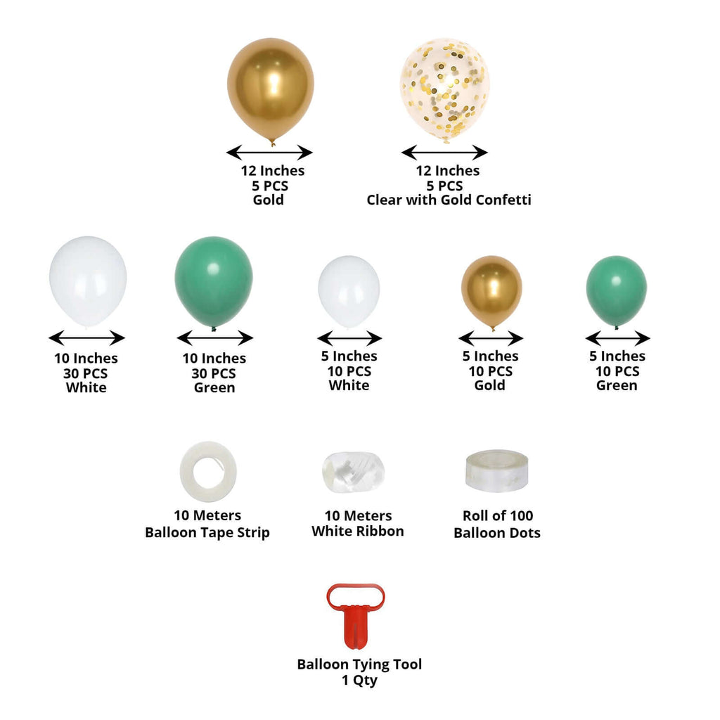 100 Pack Green, Gold, White, Clear DIY Balloon Garland Arch Party Kit - Bell Racket Store