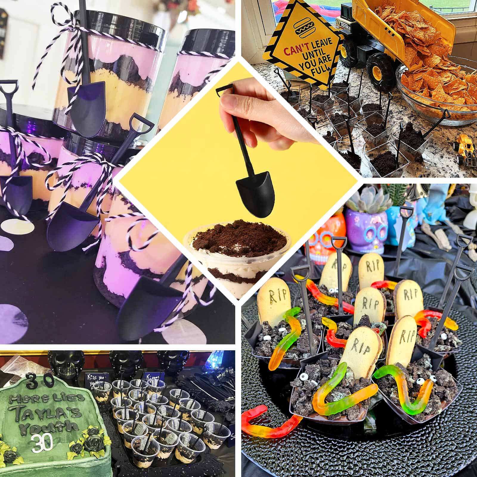 100 - Pack Plastic Dessert Spoons with Mini Shovel Design Black - Disposable Ice Cream Spoons 4.5" - Bell Racket Store