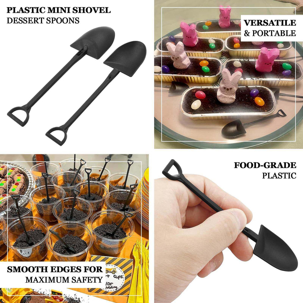 100 - Pack Plastic Dessert Spoons with Mini Shovel Design Black - Disposable Ice Cream Spoons 4.5" - Bell Racket Store