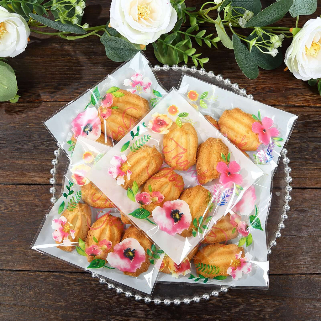 100 - Pack PVC Cookie Candy Bags White/Clear - Decorative Self Adhesive Goodie Bags With "Thank You" Print & Floral Accents for Stylish Wedding Birthday Party Favors 6"x7" - Bell Racket Store