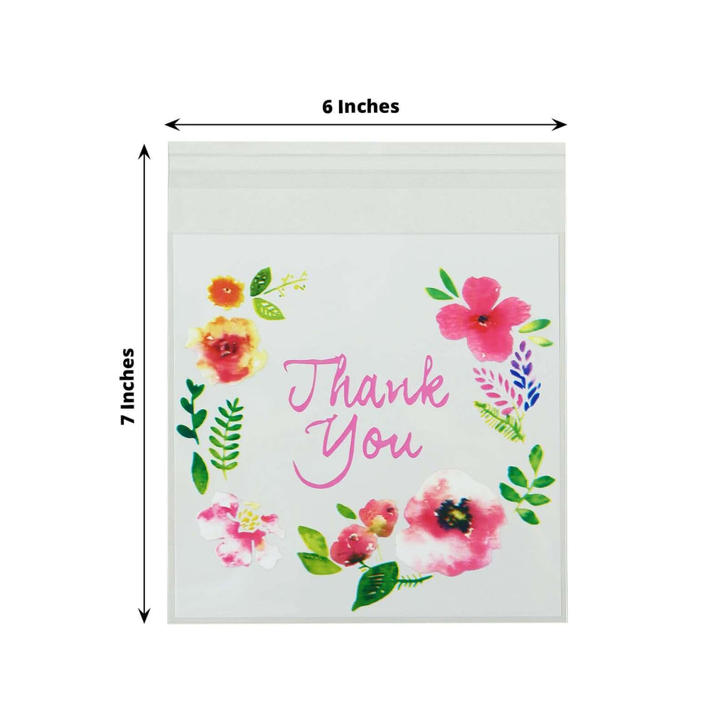 100 - Pack PVC Cookie Candy Bags White/Clear - Decorative Self Adhesive Goodie Bags With "Thank You" Print & Floral Accents for Stylish Wedding Birthday Party Favors 6"x7" - Bell Racket Store