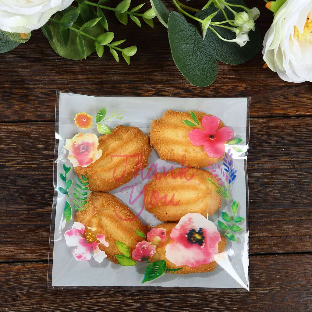 100 - Pack PVC Cookie Candy Bags White/Clear - Decorative Self Adhesive Goodie Bags With "Thank You" Print & Floral Accents for Stylish Wedding Birthday Party Favors 6"x7" - Bell Racket Store