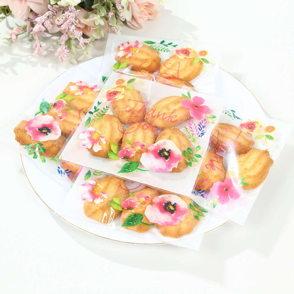 100 - Pack PVC Cookie Candy Bags White/Clear - Decorative Self Adhesive Goodie Bags With "Thank You" Print & Floral Accents for Stylish Wedding Birthday Party Favors 6"x7" - Bell Racket Store