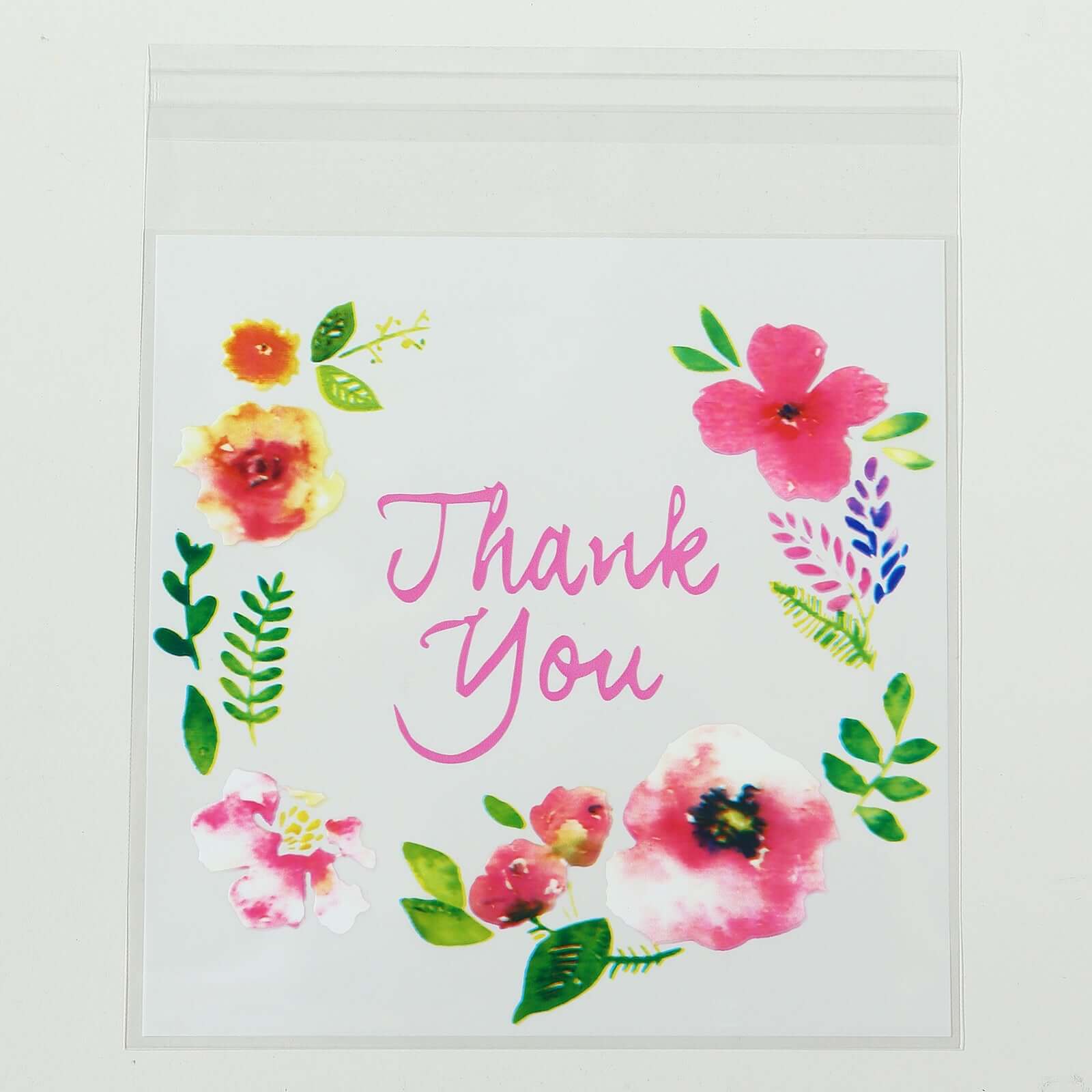 100 - Pack PVC Cookie Candy Bags White/Clear - Decorative Self Adhesive Goodie Bags With "Thank You" Print & Floral Accents for Stylish Wedding Birthday Party Favors 6"x7" - Bell Racket Store