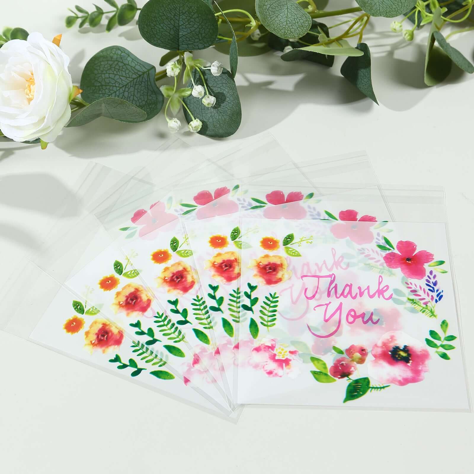 100 - Pack PVC Cookie Candy Bags White/Clear - Decorative Self Adhesive Goodie Bags With "Thank You" Print & Floral Accents for Stylish Wedding Birthday Party Favors 6"x7" - Bell Racket Store