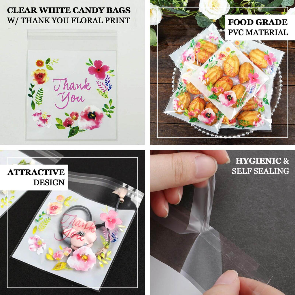 100 - Pack PVC Cookie Candy Bags White/Clear - Decorative Self Adhesive Goodie Bags With "Thank You" Print & Floral Accents for Stylish Wedding Birthday Party Favors 6"x7" - Bell Racket Store