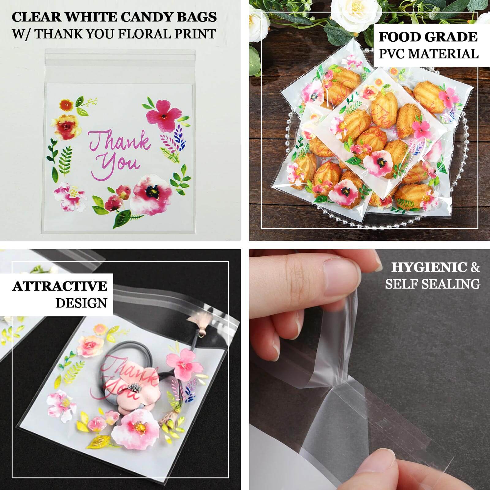 100 - Pack PVC Cookie Candy Bags White/Clear - Decorative Self Adhesive Goodie Bags With "Thank You" Print & Floral Accents for Stylish Wedding Birthday Party Favors 6"x7" - Bell Racket Store