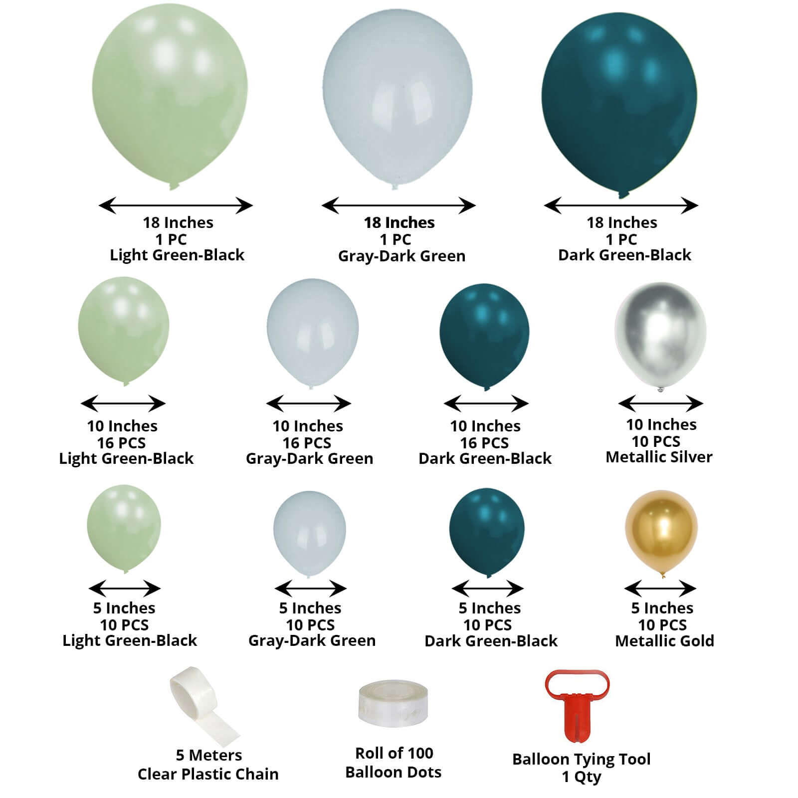 101 Pack Green, Gold and Silver DIY Balloon Garland Arch Party Kit, Double Layer Latex Balloons - Bell Racket Store