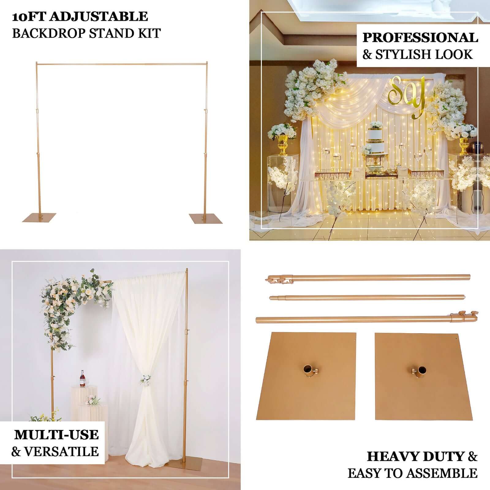10ft Gold Metal DIY Adjustable Heavy Duty Backdrop Stand Kit, Steel Base - Bell Racket Store