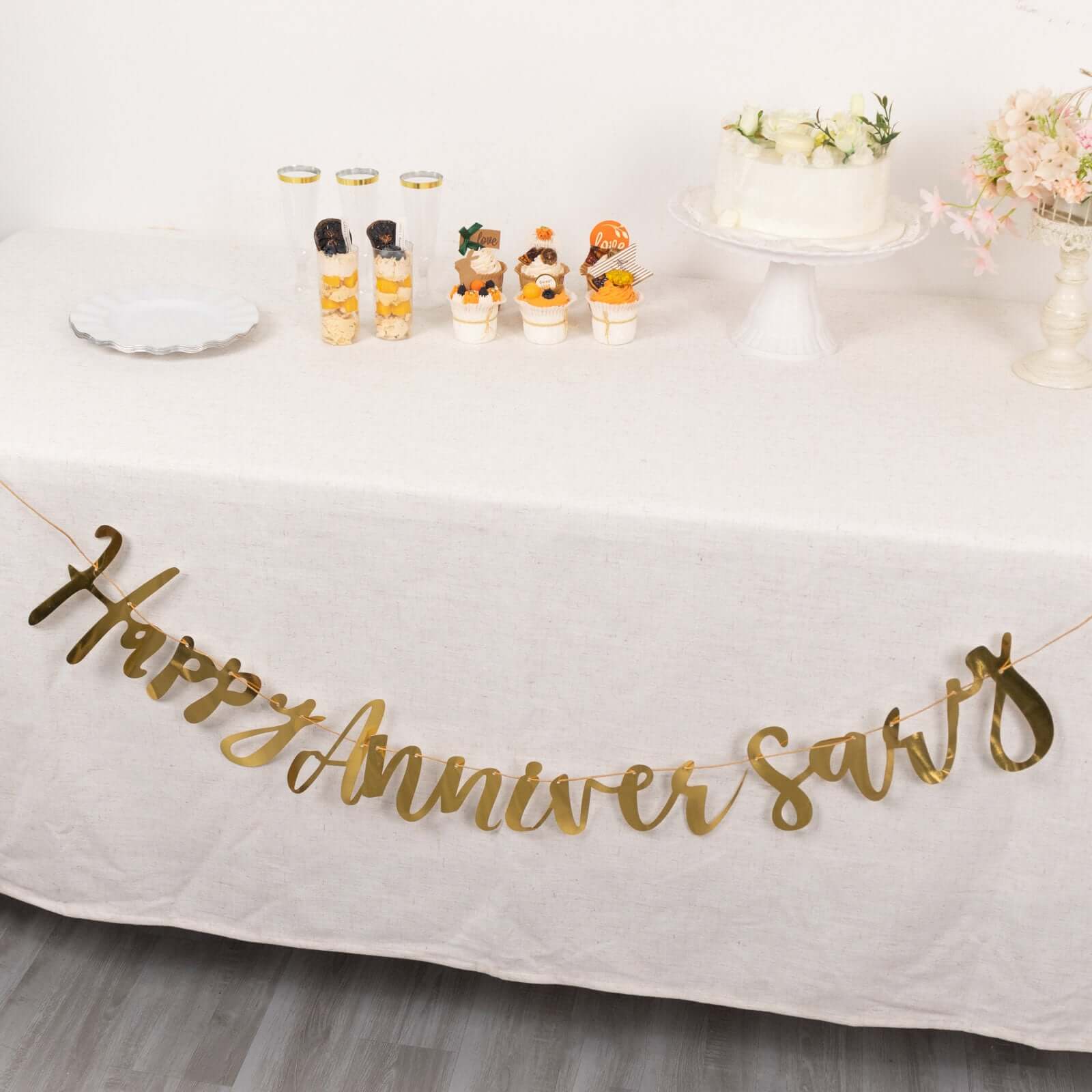 10ft Pre - Strung Metallic Gold Foil "Happy Anniversary" Banner, Party Photo Backdrop Hanging Garland - 250 GSM - Bell Racket Store