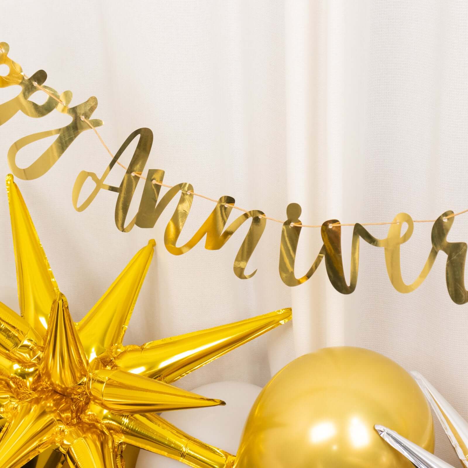 10ft Pre - Strung Metallic Gold Foil "Happy Anniversary" Banner, Party Photo Backdrop Hanging Garland - 250 GSM - Bell Racket Store