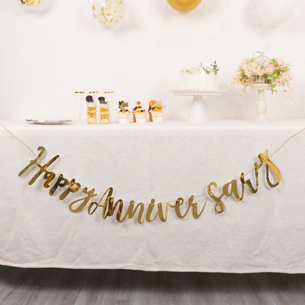 10ft Pre - Strung Metallic Gold Foil "Happy Anniversary" Banner, Party Photo Backdrop Hanging Garland - 250 GSM - Bell Racket Store