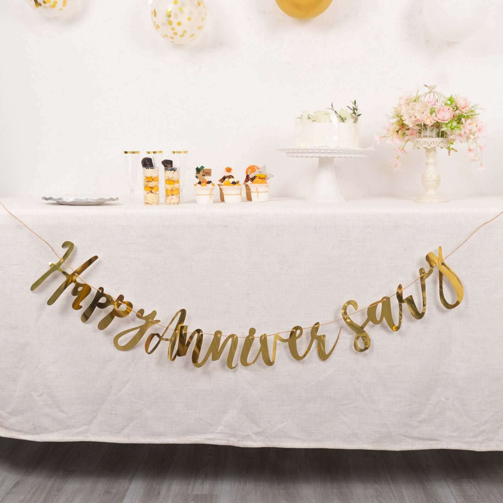 10ft Pre - Strung Metallic Gold Foil "Happy Anniversary" Banner, Party Photo Backdrop Hanging Garland - 250 GSM - Bell Racket Store