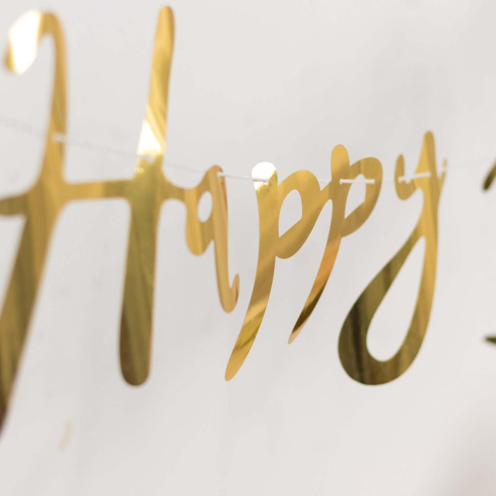10ft Pre - Strung Metallic Gold Foil "Happy Birthday" Banner, Party Photo Backdrop Hanging Garland - 250 GSM - Bell Racket Store