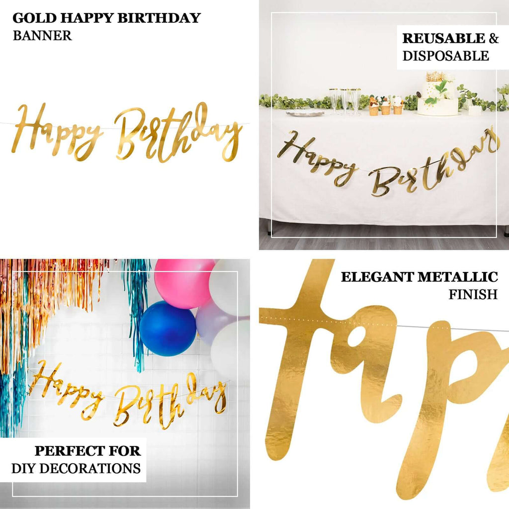 10ft Pre - Strung Metallic Gold Foil "Happy Birthday" Banner, Party Photo Backdrop Hanging Garland - 250 GSM - Bell Racket Store