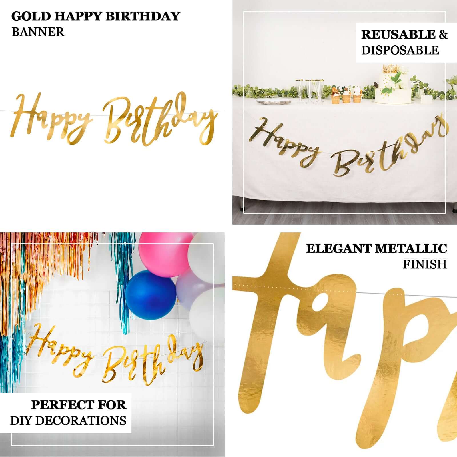 10ft Pre - Strung Metallic Gold Foil "Happy Birthday" Banner, Party Photo Backdrop Hanging Garland - 250 GSM - Bell Racket Store