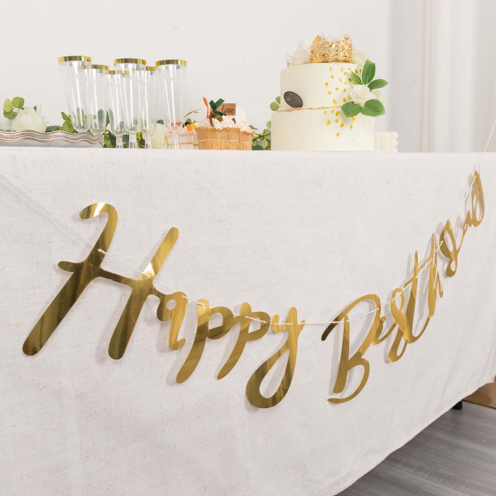 10ft Pre - Strung Metallic Gold Foil "Happy Birthday" Banner, Party Photo Backdrop Hanging Garland - 250 GSM - Bell Racket Store