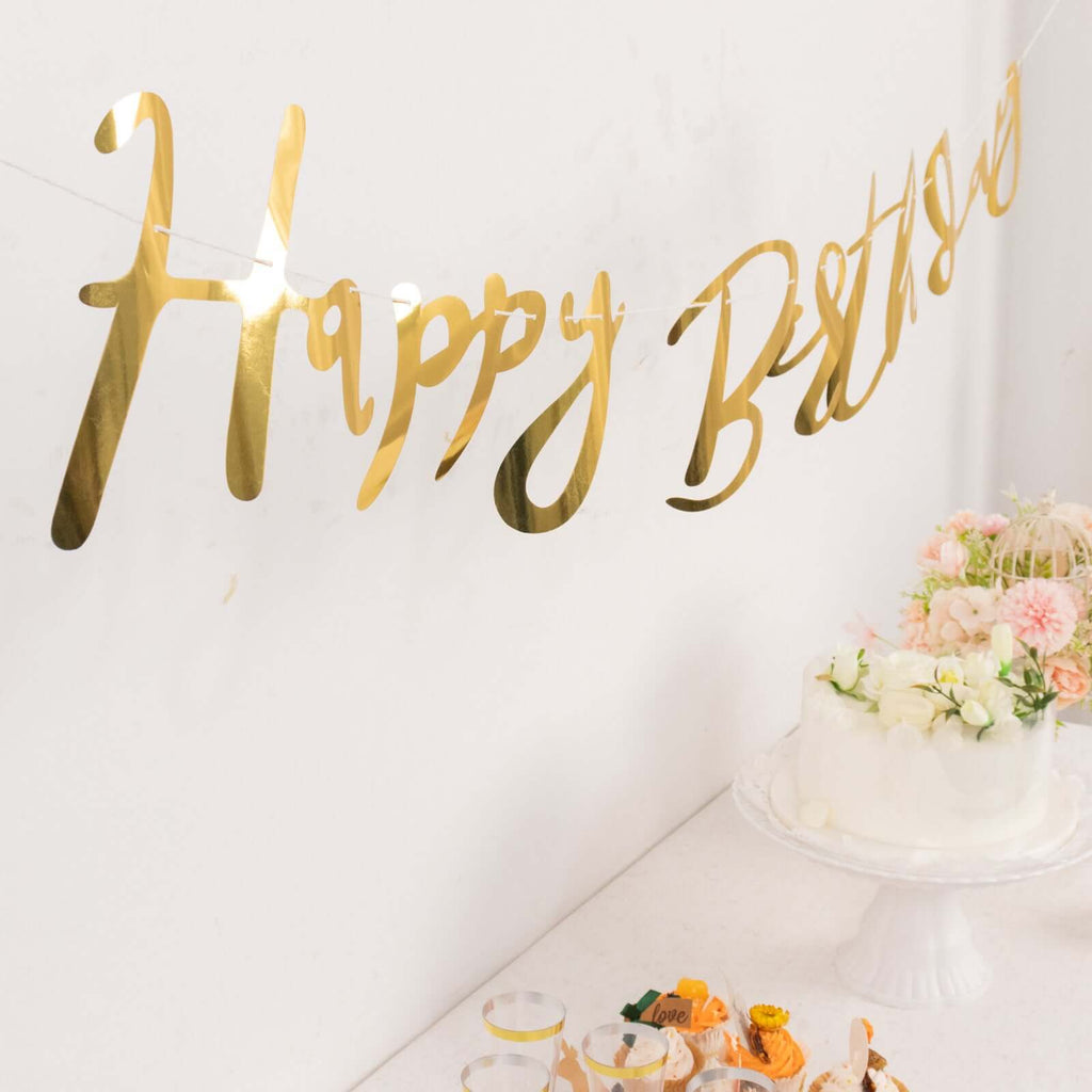 10ft Pre - Strung Metallic Gold Foil "Happy Birthday" Banner, Party Photo Backdrop Hanging Garland - 250 GSM - Bell Racket Store