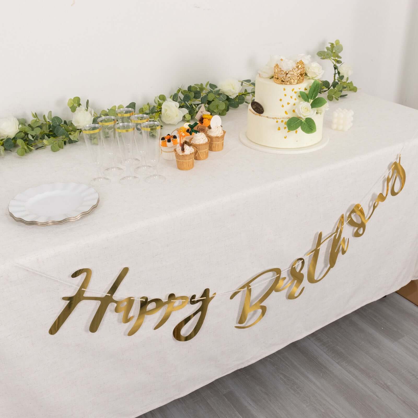 10ft Pre - Strung Metallic Gold Foil "Happy Birthday" Banner, Party Photo Backdrop Hanging Garland - 250 GSM - Bell Racket Store