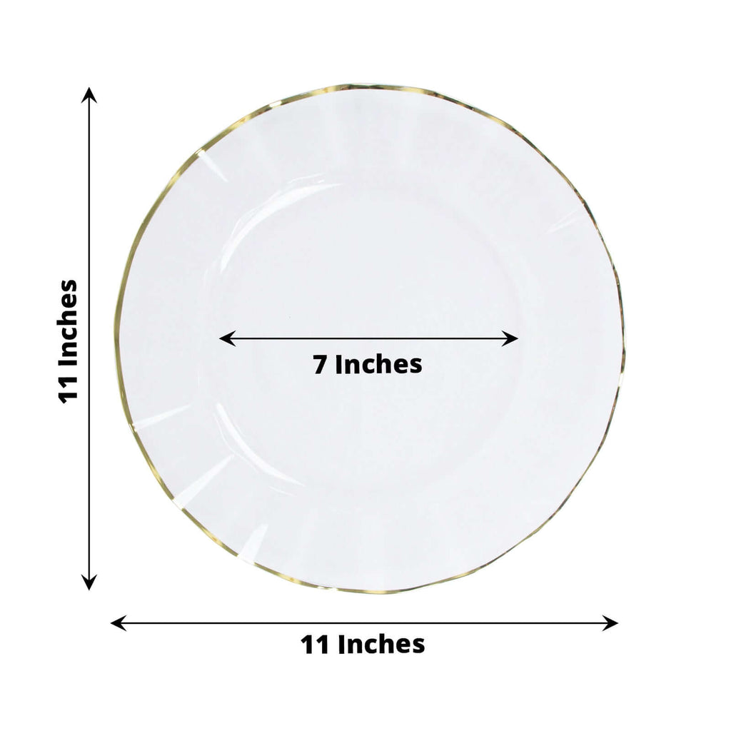 10-Pack Plastic 11" Round Dinner Plates in Clear Ruffled Rim with Gold Edging - Sturdy Disposable Dinnerware