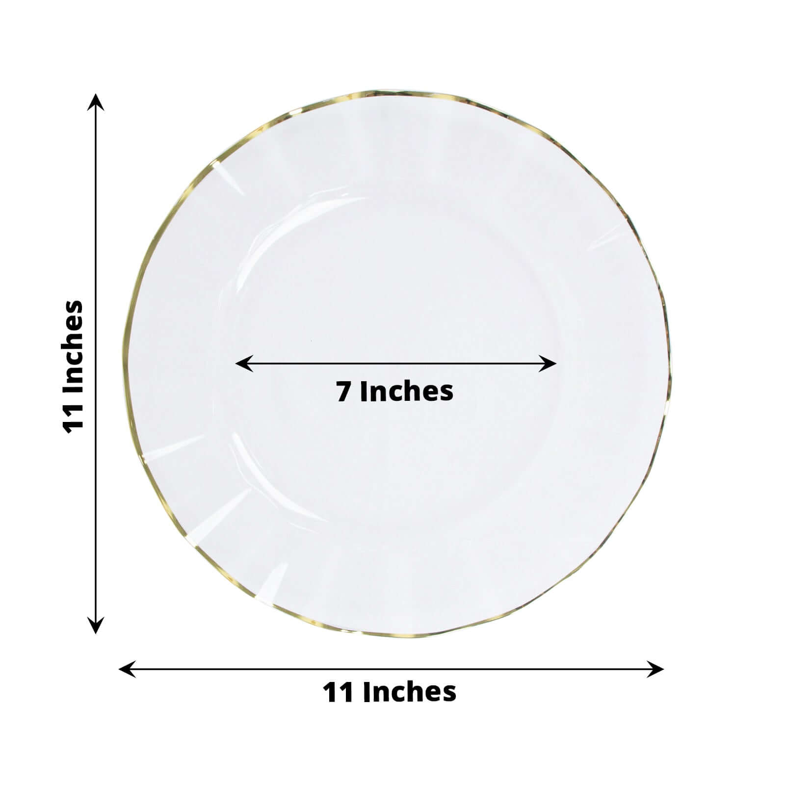 10-Pack Plastic 11" Round Dinner Plates in Clear Ruffled Rim with Gold Edging - Sturdy Disposable Dinnerware
