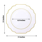 10-Pack Plastic Dinner Plates in White Baroque Design with Scalloped Gold Rim - Heavy Duty Disposable Party Plates for Events & Banquets 11"
