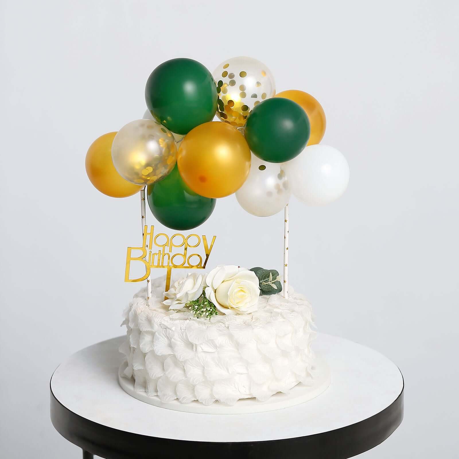 14 Pcs Balloon Cake Topper Clear, Gold, Hunter Green and White - Whimsical Clustered Mini Garland Cake Inserts DIY Party Decorations