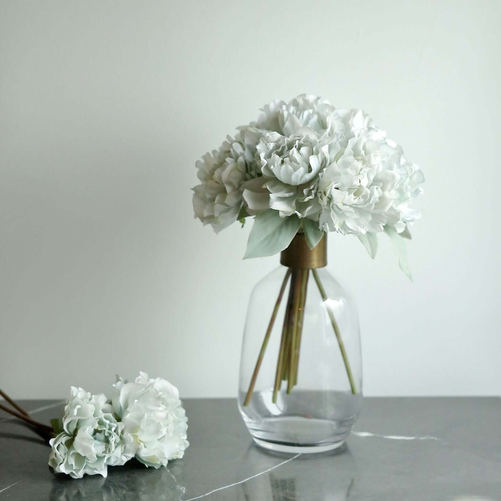 11" Silver Blue Real Touch Artificial Silk Peonies Flower Bouquet - Bell Racket Store