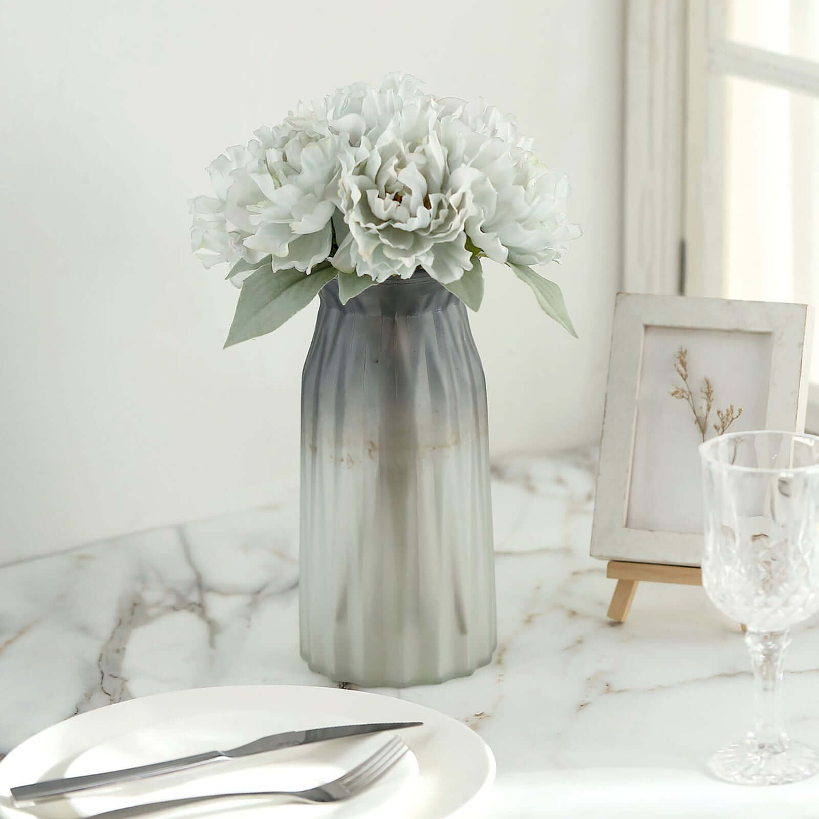 11" Silver Blue Real Touch Artificial Silk Peonies Flower Bouquet - Bell Racket Store