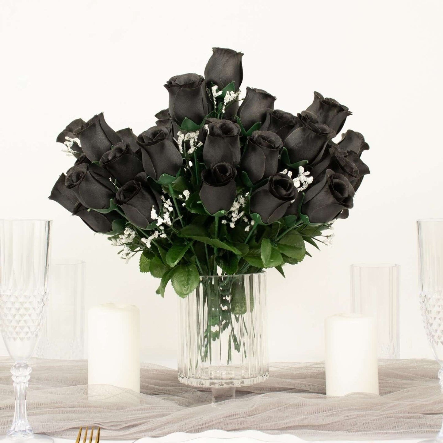 12 Bushes Black Artificial Premium Silk Flower Rose Bud Bouquets - NestOCart