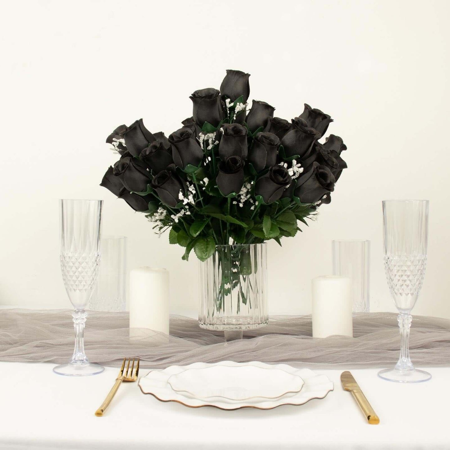 12 Bushes Black Artificial Premium Silk Flower Rose Bud Bouquets - NestOCart