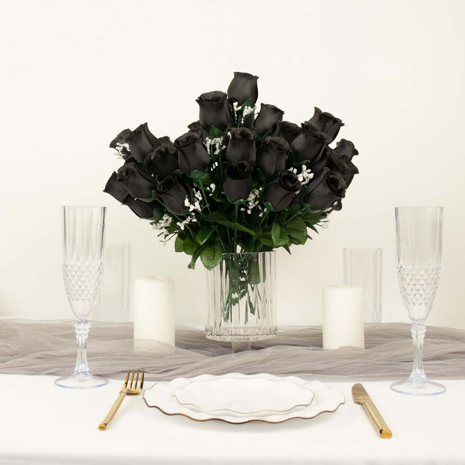 12 Bushes Black Artificial Premium Silk Flower Rose Bud Bouquets - NestOCart