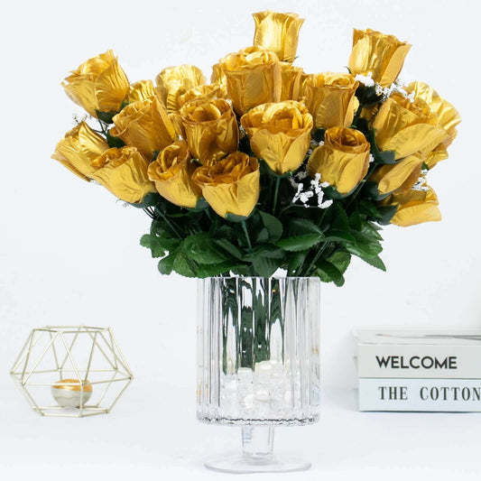 12 Bushes Gold Artificial Premium Silk Flower Rose Bud Bouquets - NestOCart