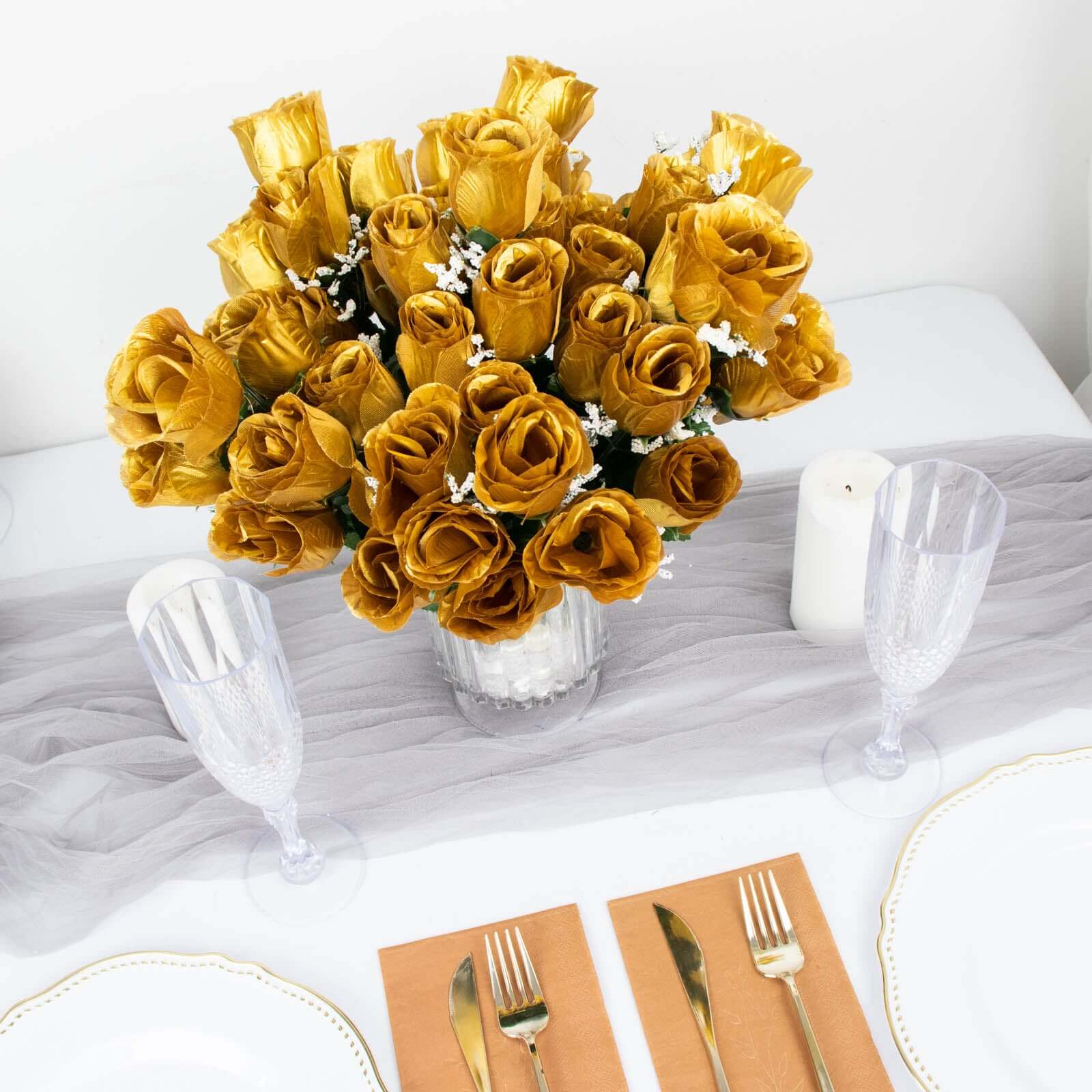 12 Bushes Gold Artificial Premium Silk Flower Rose Bud Bouquets - NestOCart