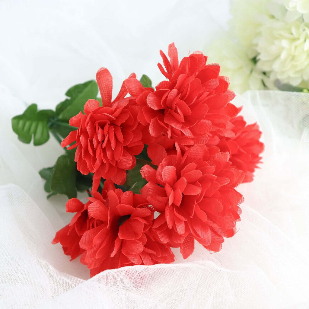 12 Bushes Red Artificial Silk Chrysanthemum Flower Bouquets - Bell Racket Store