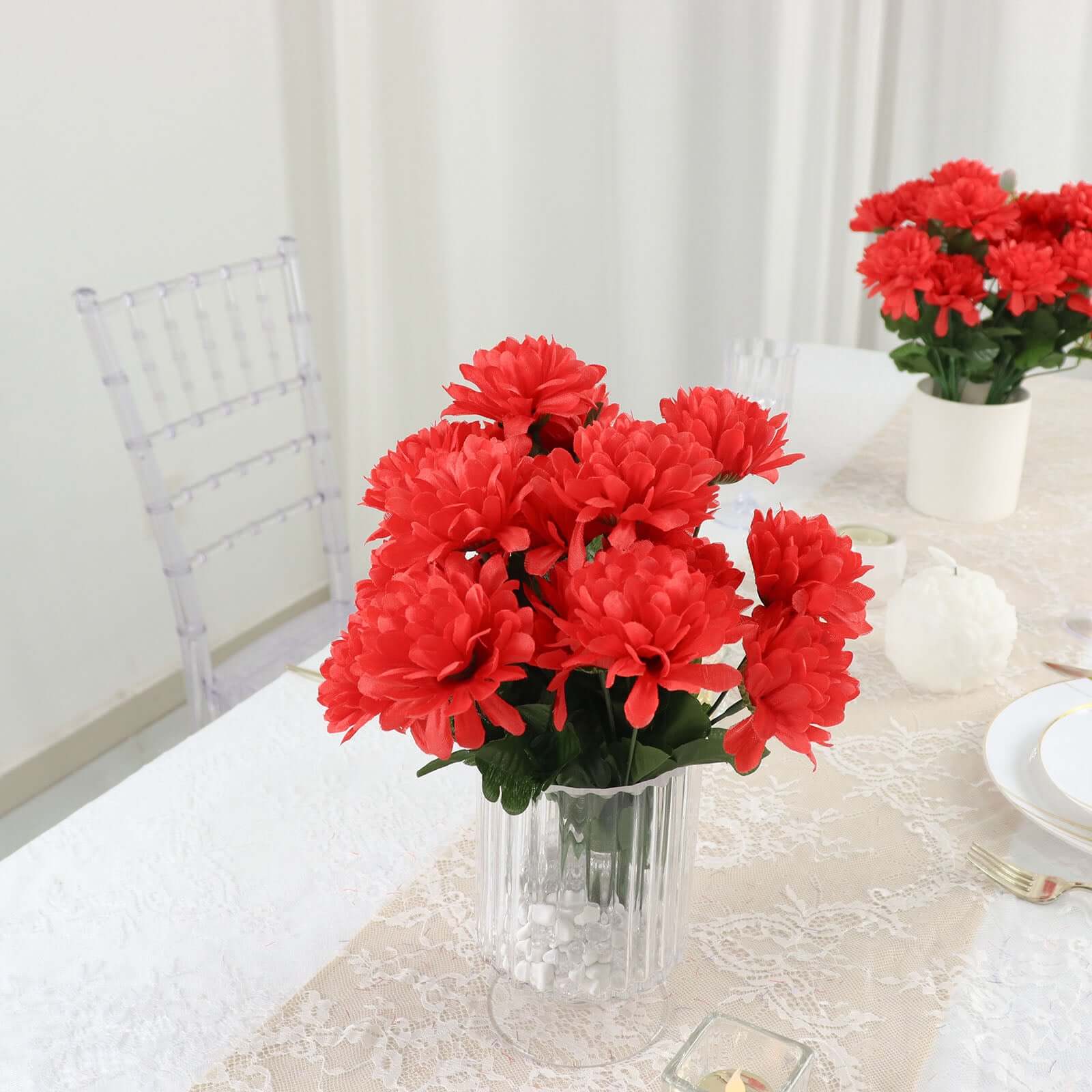12 Bushes Red Artificial Silk Chrysanthemum Flower Bouquets - Bell Racket Store