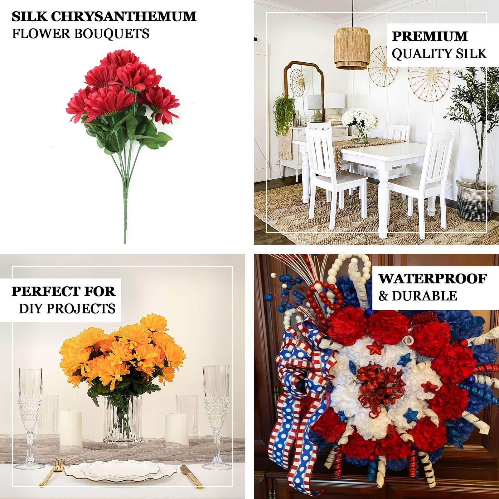 12 Bushes Red Artificial Silk Chrysanthemum Flower Bouquets - Bell Racket Store