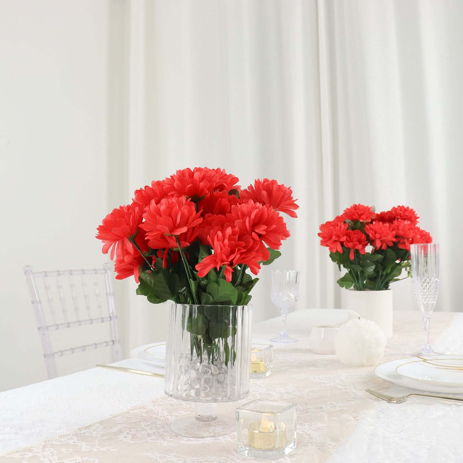 12 Bushes Red Artificial Silk Chrysanthemum Flower Bouquets - Bell Racket Store