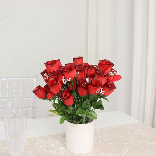 12 Bushes Red, Black Artificial Premium Silk Flower Rose Bud Bouquets - NestOCart