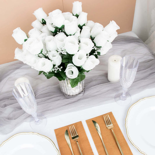 12 Bushes White Artificial Premium Silk Flower Rose Bud Bouquets - NestOCart