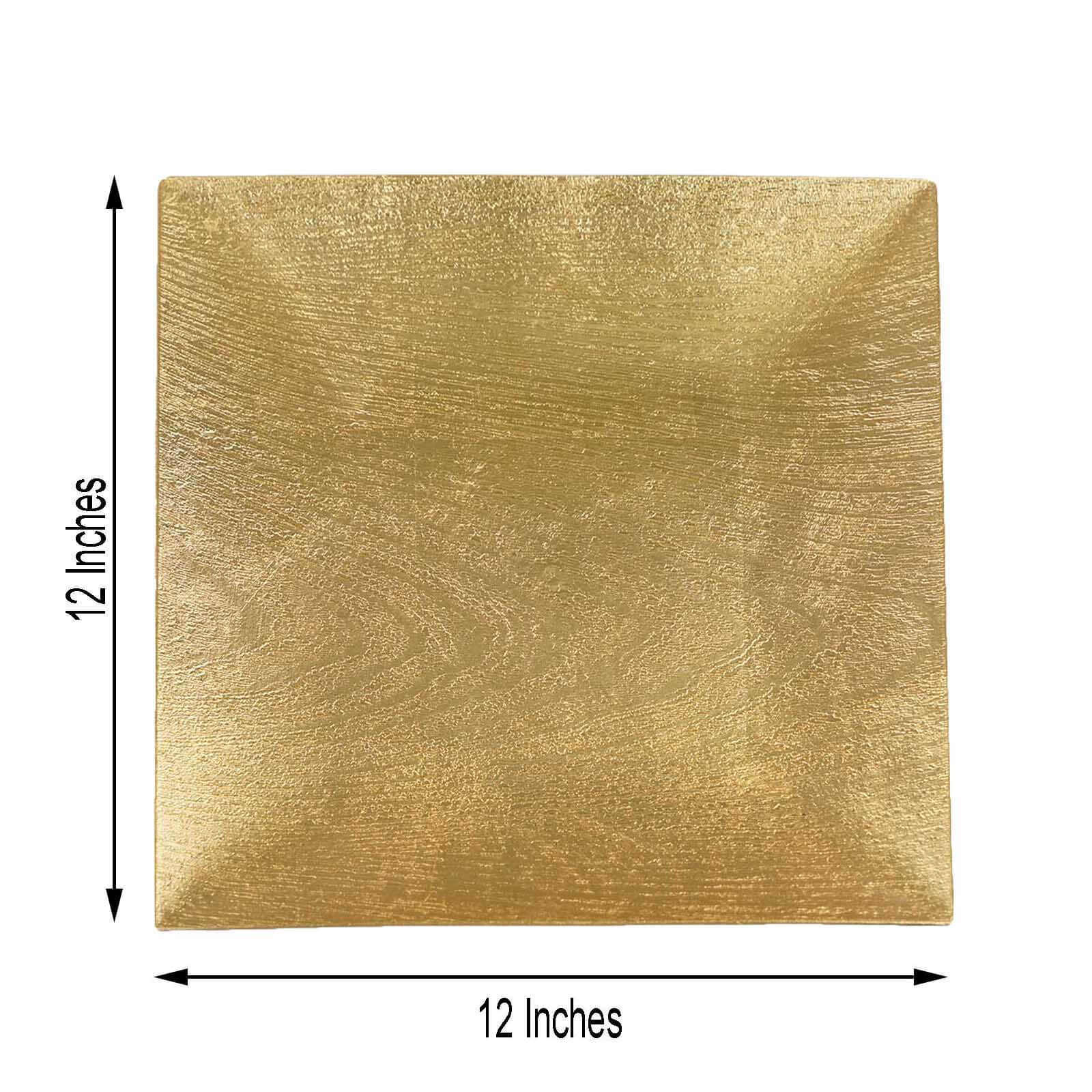 6-Pack Acrylic Square Charger Plates 12" in Gold with Embossed Wood Grain, Boho Chic Dinner Party Decor Charger Tableware