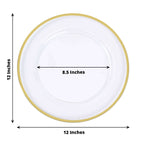 10-Pack Economy Plastic Round Charger Plates 12" in Clear with Wide Gold Rim, Decorative Dinner Party Serving Plates