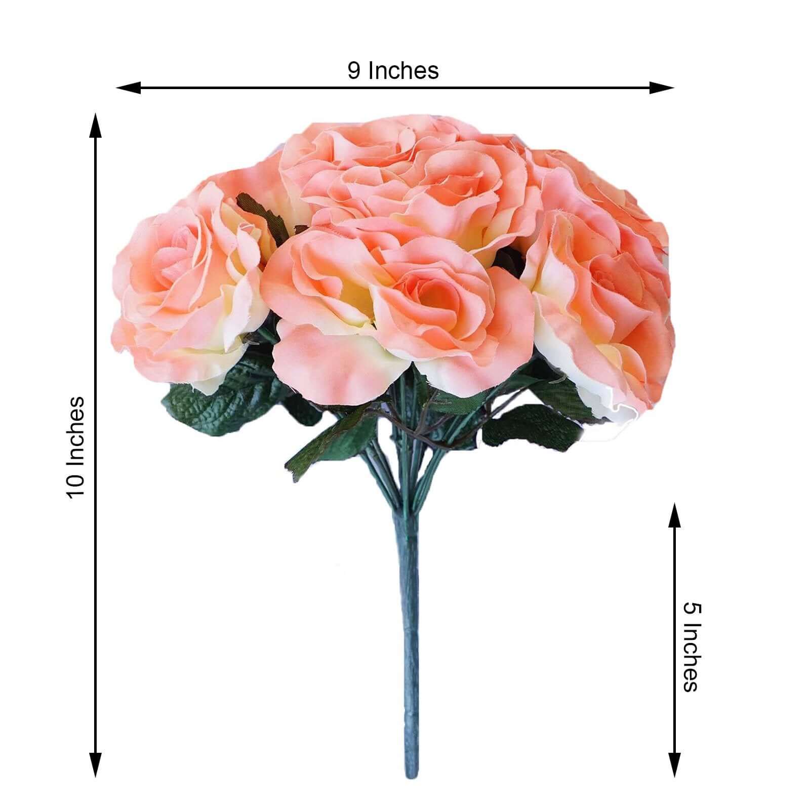 12" Peach Artificial Velvet-Like Fabric Rose Flower Bouquet Bush