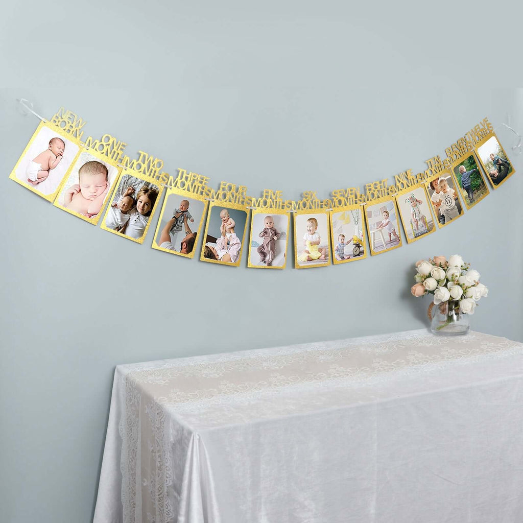 12 Month Milestone 1st Birthday Party Photo Backdrop Hanging Banner, Baby Photo Garland Banner - 5.5ft - Bell Racket Store