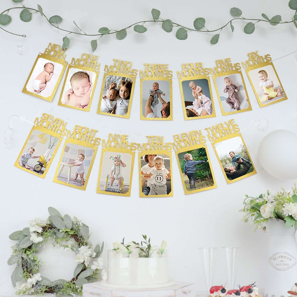 12 Month Milestone 1st Birthday Party Photo Backdrop Hanging Banner, Baby Photo Garland Banner - 5.5ft - Bell Racket Store