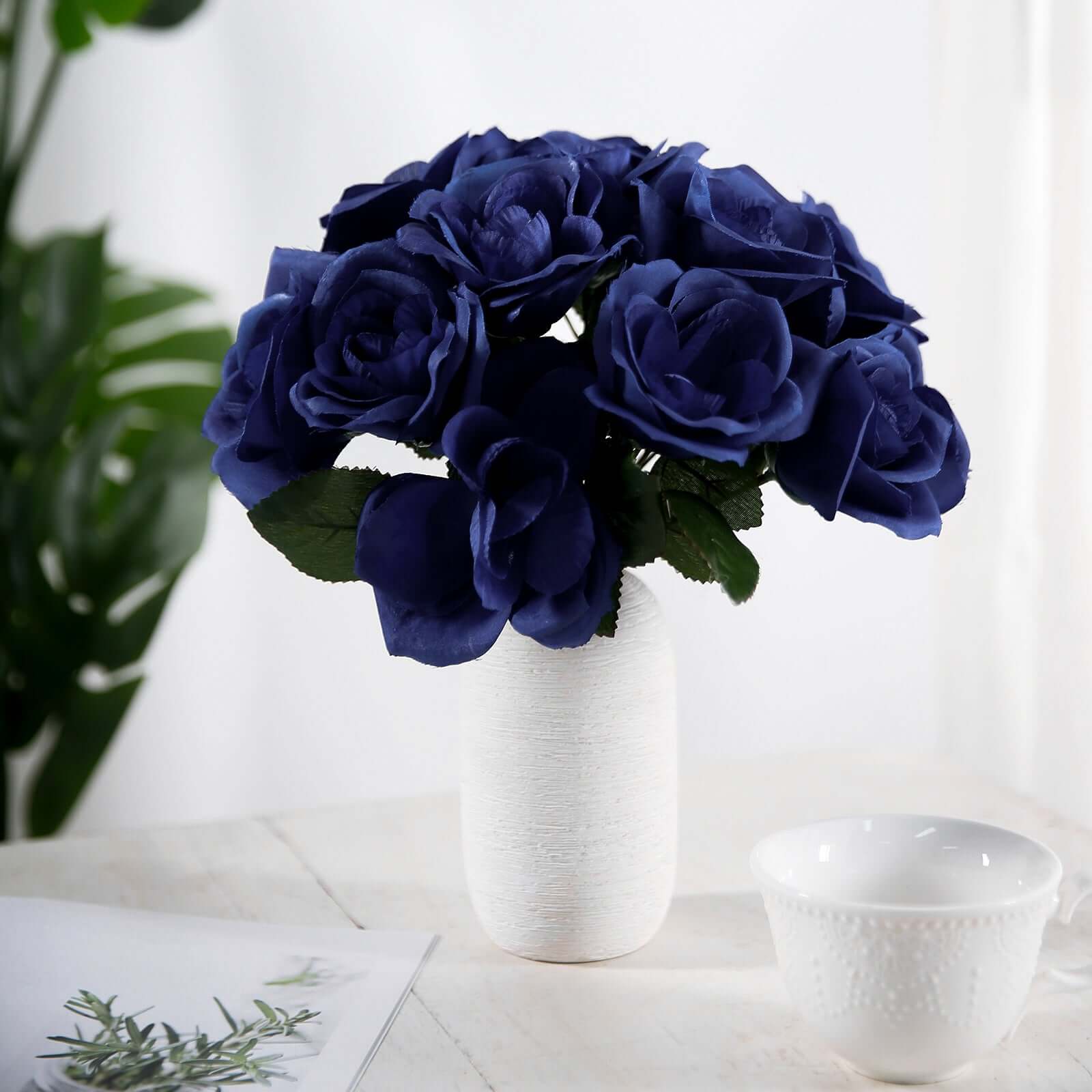 12" Navy Blue Artificial Velvet - Like Fabric Rose Flower Bouquet Bush - NestOCart